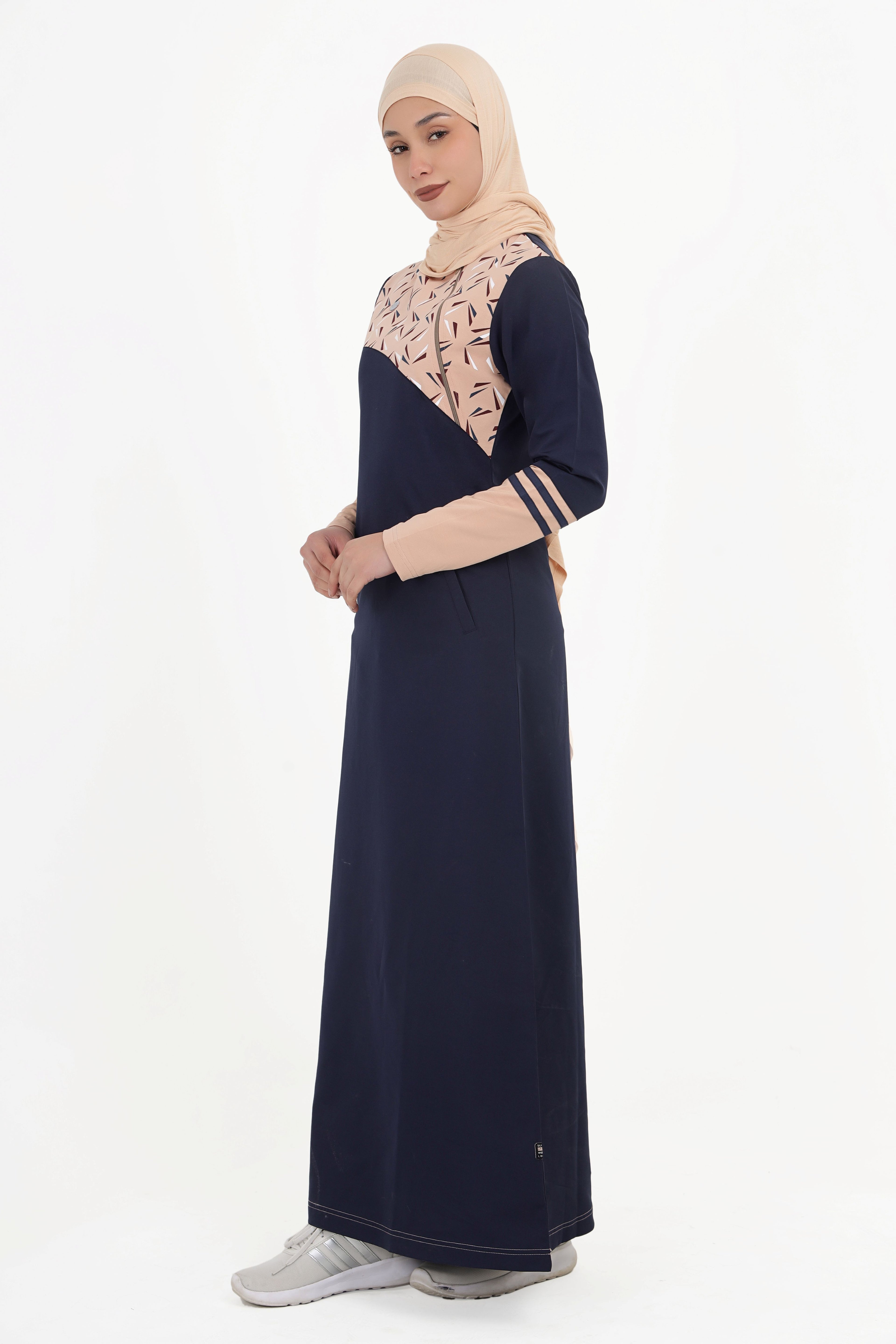 Navy & Tan Linear Print Jilbab