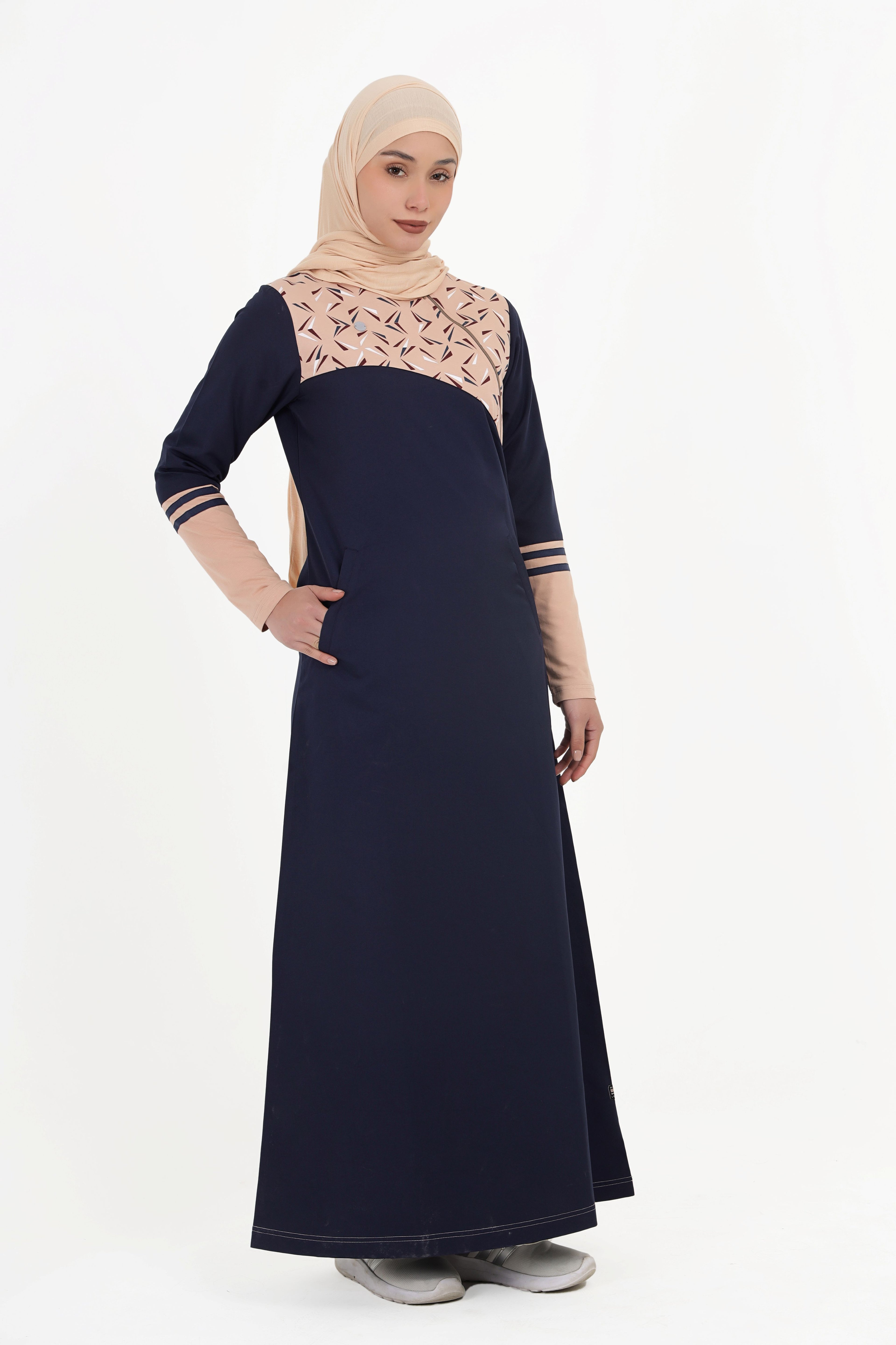 Navy & Tan Linear Print Jilbab