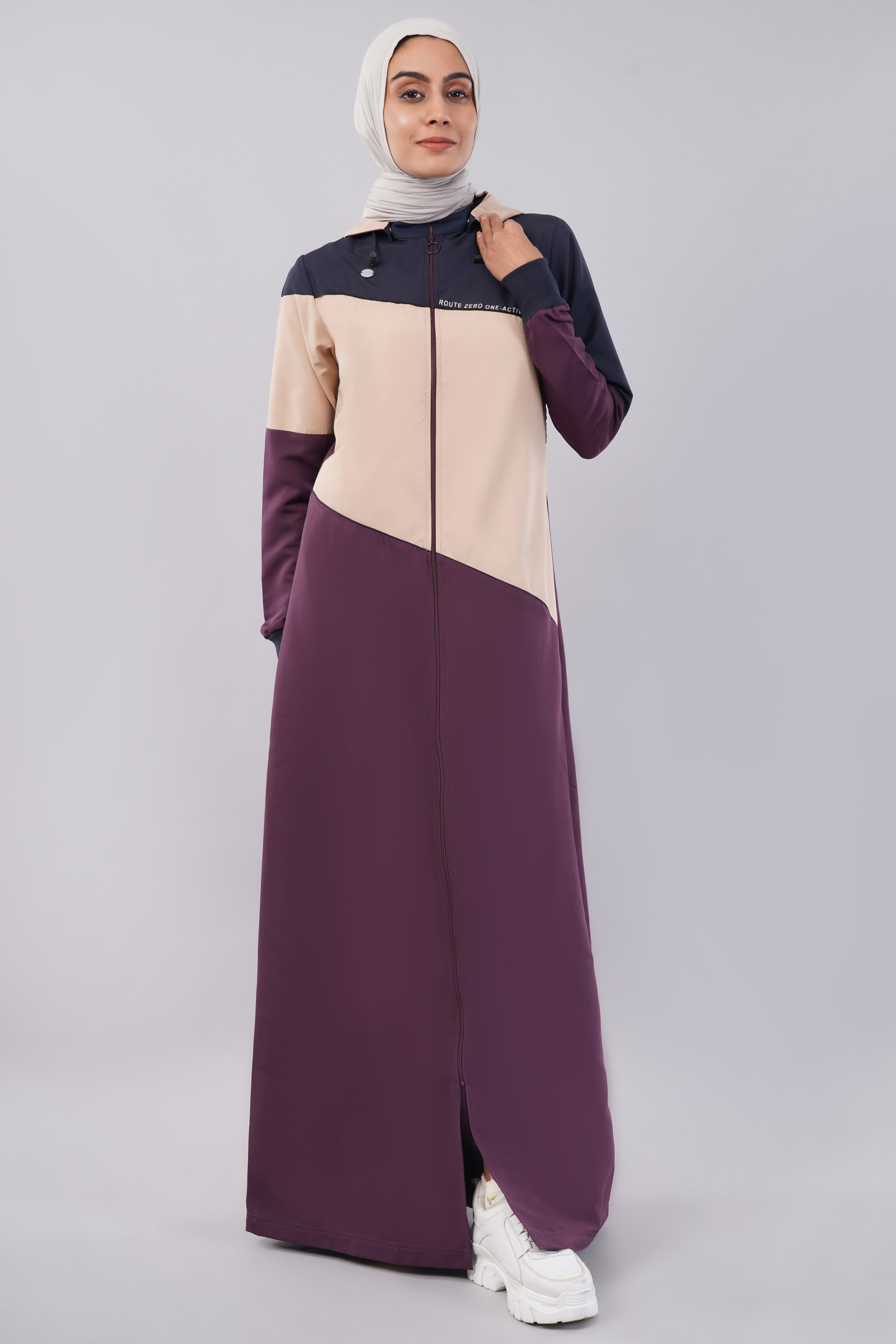 Burgundy Contrast Full Front Open Hooded Jilbab
