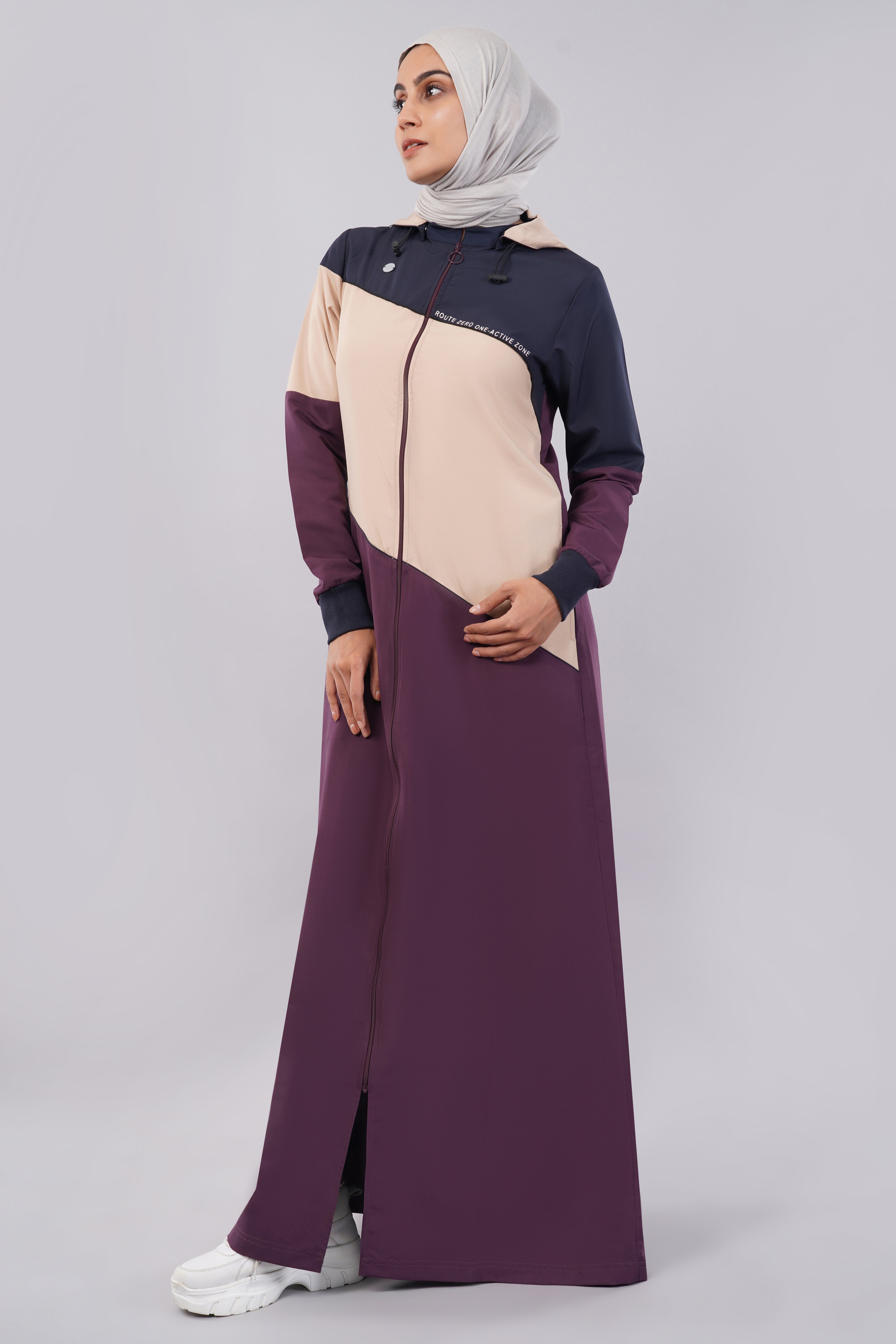 Burgundy Contrast Full Front Open Hooded Jilbab