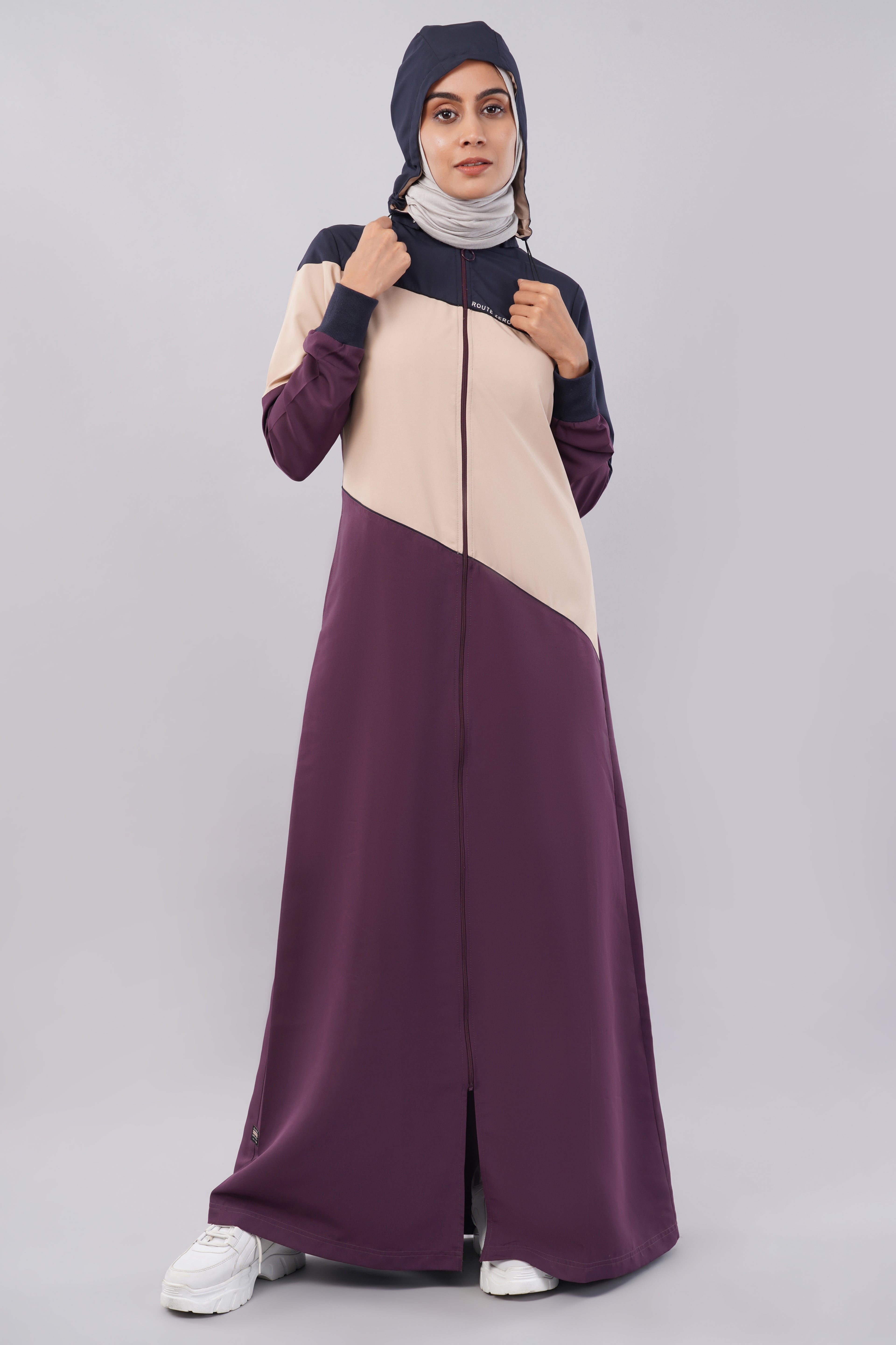 Burgundy Contrast Full Front Open Hooded Jilbab
